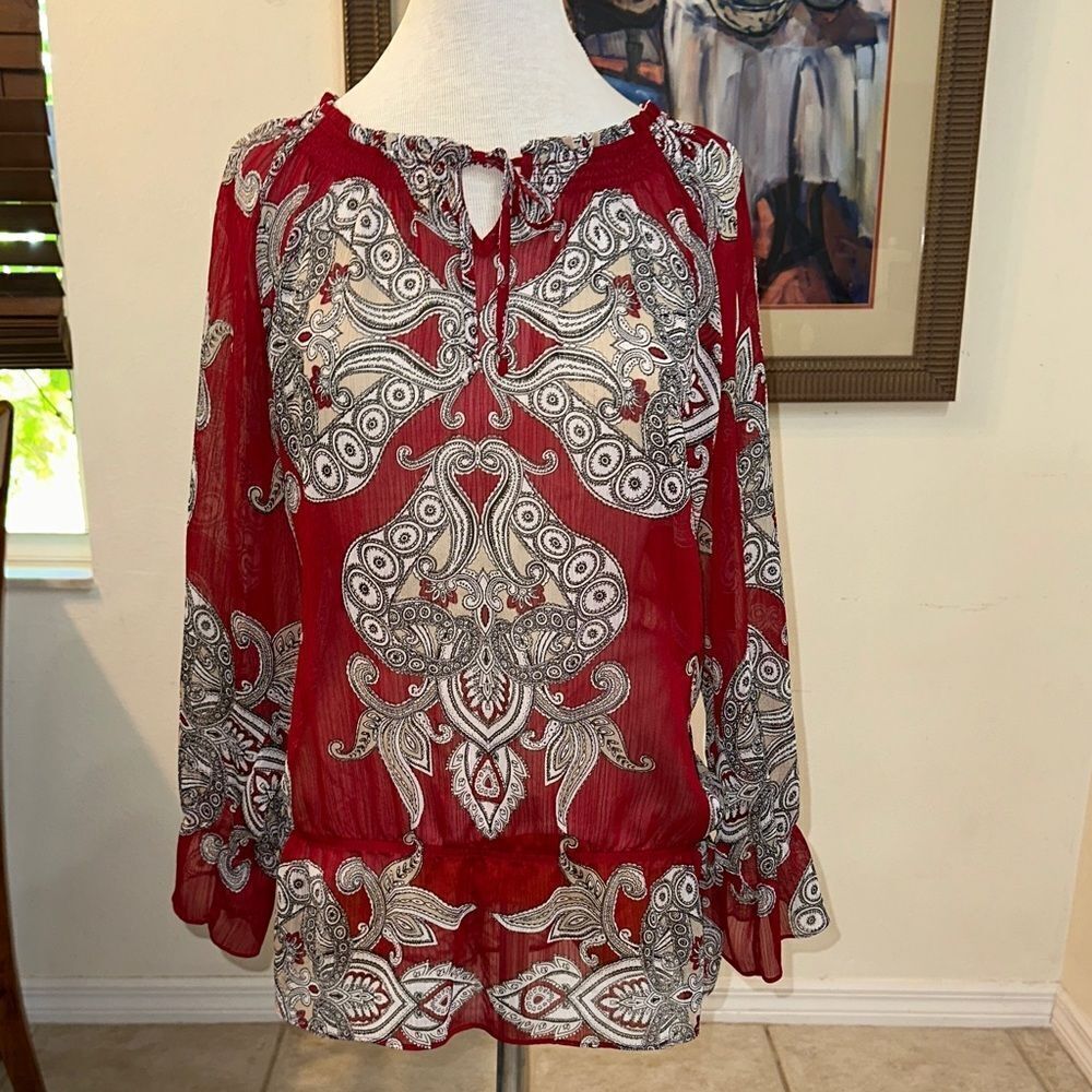 Chico’s Sheer Burgundy Paisley Ruffle Sleeve Tie Front Tunic Size 3 (XL)